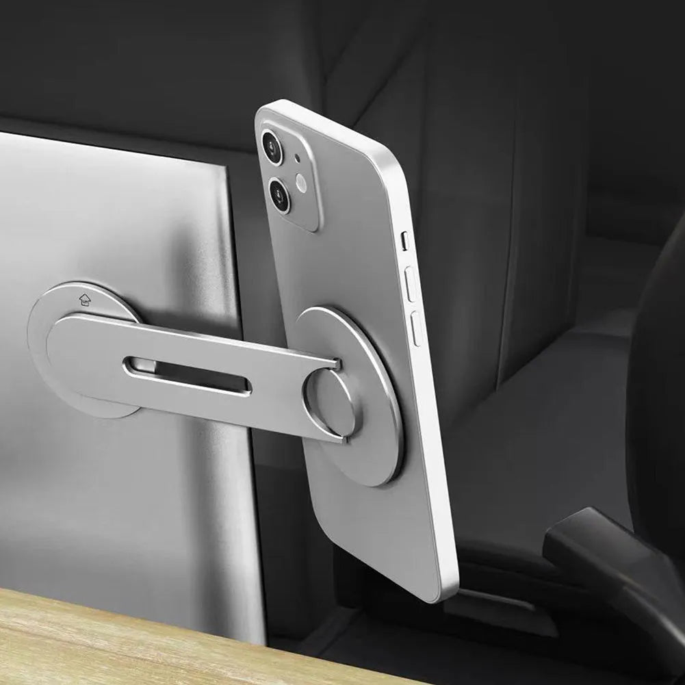 Aluminium alloy magnetic phone holder for Tesla suspension screen showing silver and black colour options