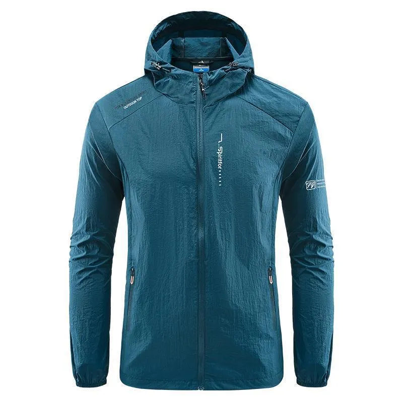 Light grey loose-fit men's nylon hooded jacket for summer outdoor wear