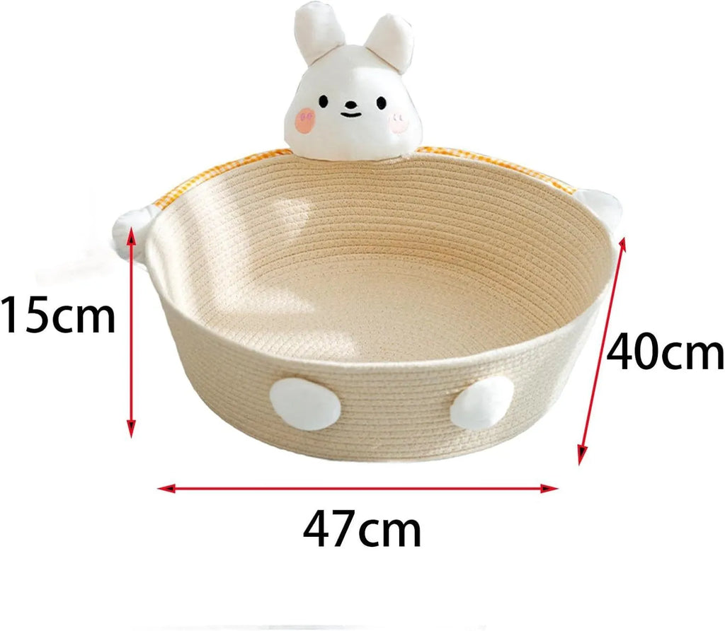 Woven cotton rope cat bed basket with scratching board in bear design for indoor furniture protection