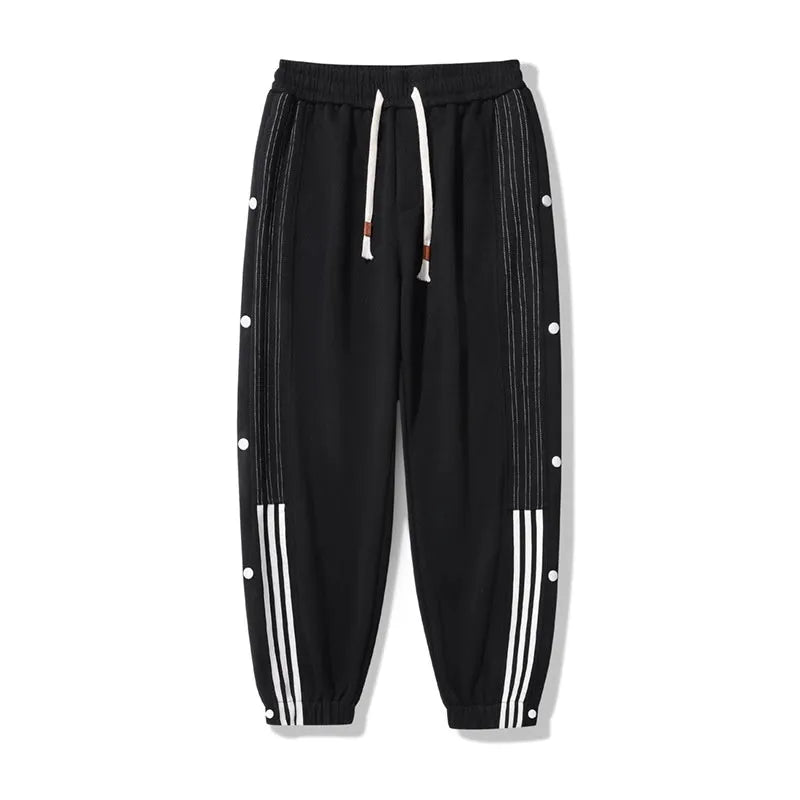 Men's loose grey sweatpants with ankle ties and belt, cotton blend fabric for autumn sports wear