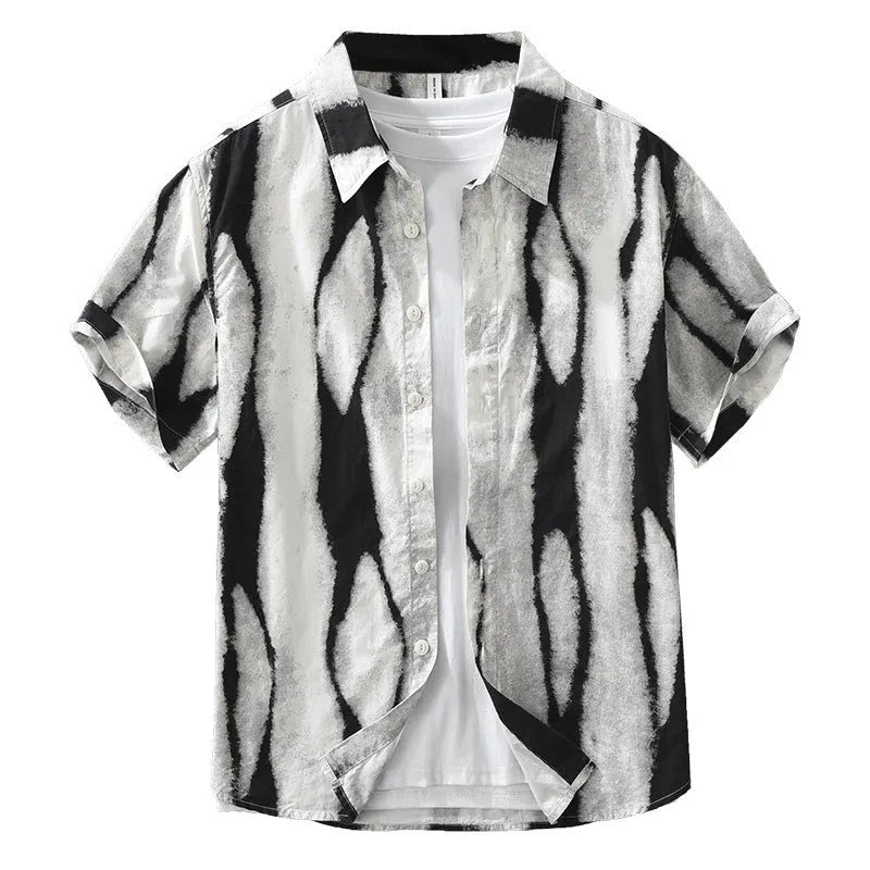 A black and brown striped short sleeve casual shirt made from pure cotton on a hanger.