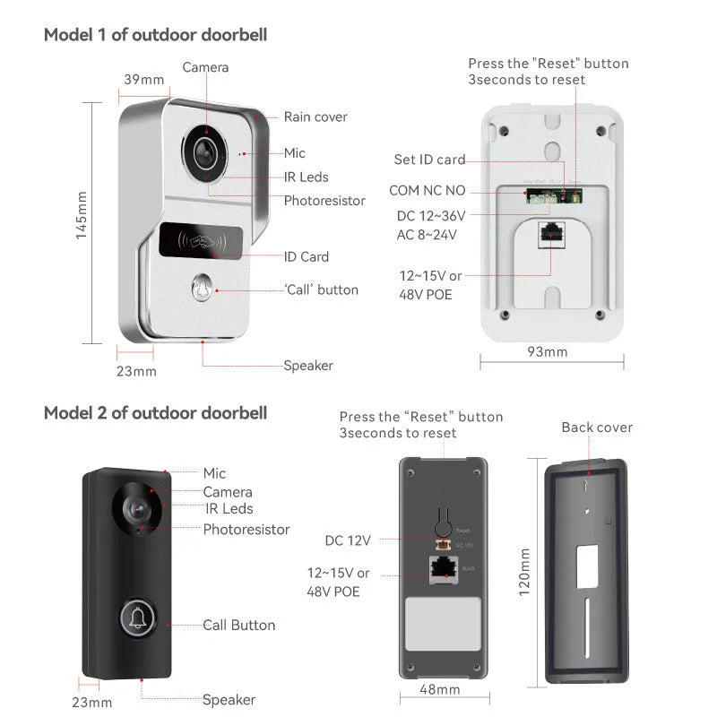 10-inch wireless video intercom doorbell system with colour HD camera and remote unlocking capability