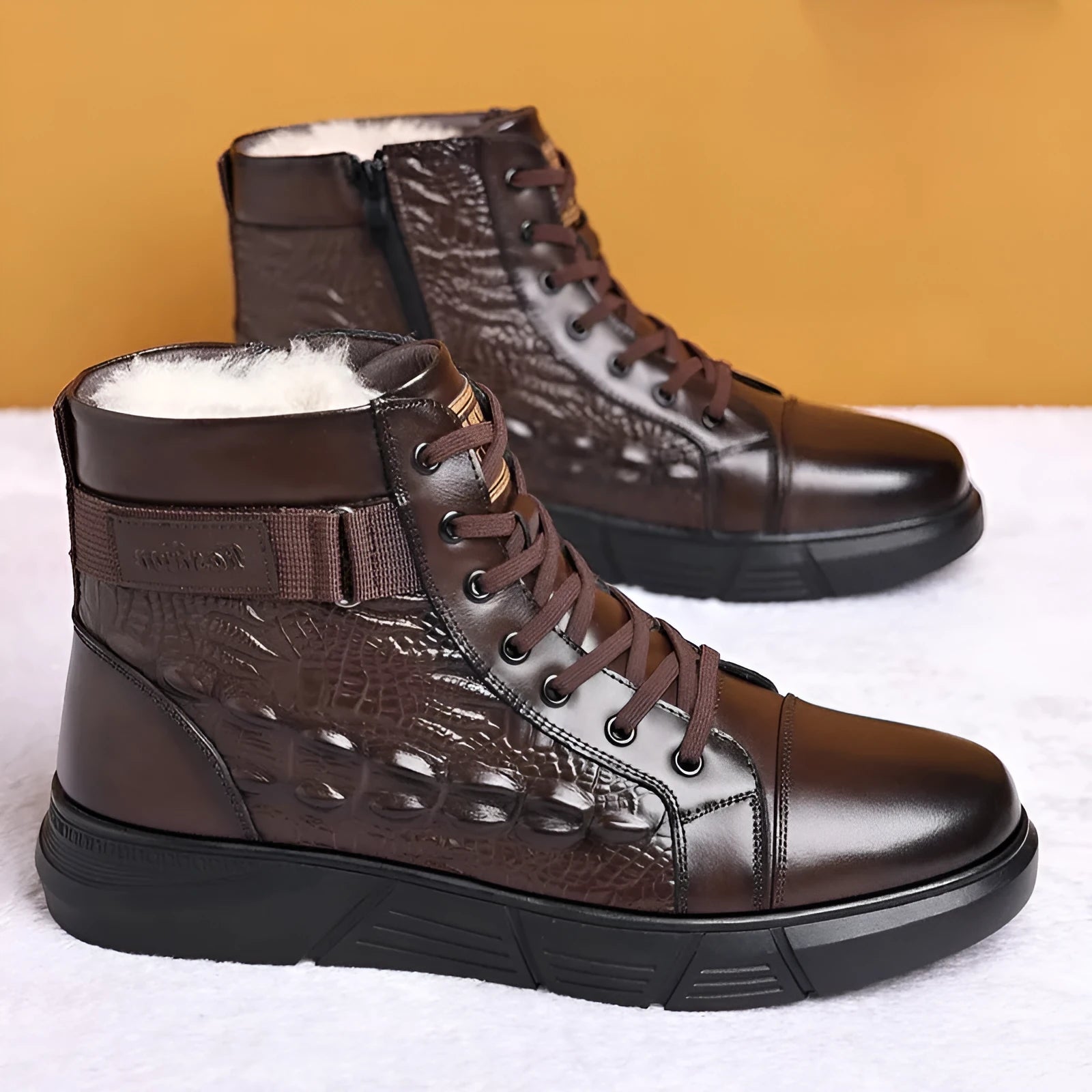 Men's black genuine leather snow boots with fur lining and rubber non-slip soles