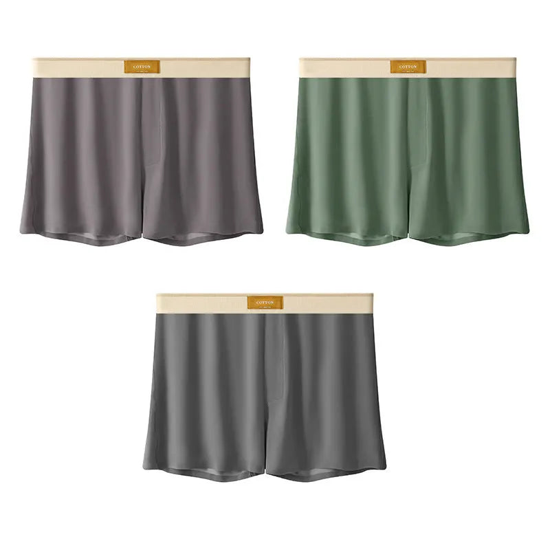 Men's ice silk underwear three-pack showing loose fit and solid colour options