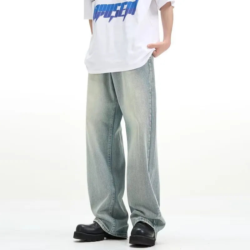 Blue loose-fit retro trousers with an elasticated waistband made from rabbit fur fabric.