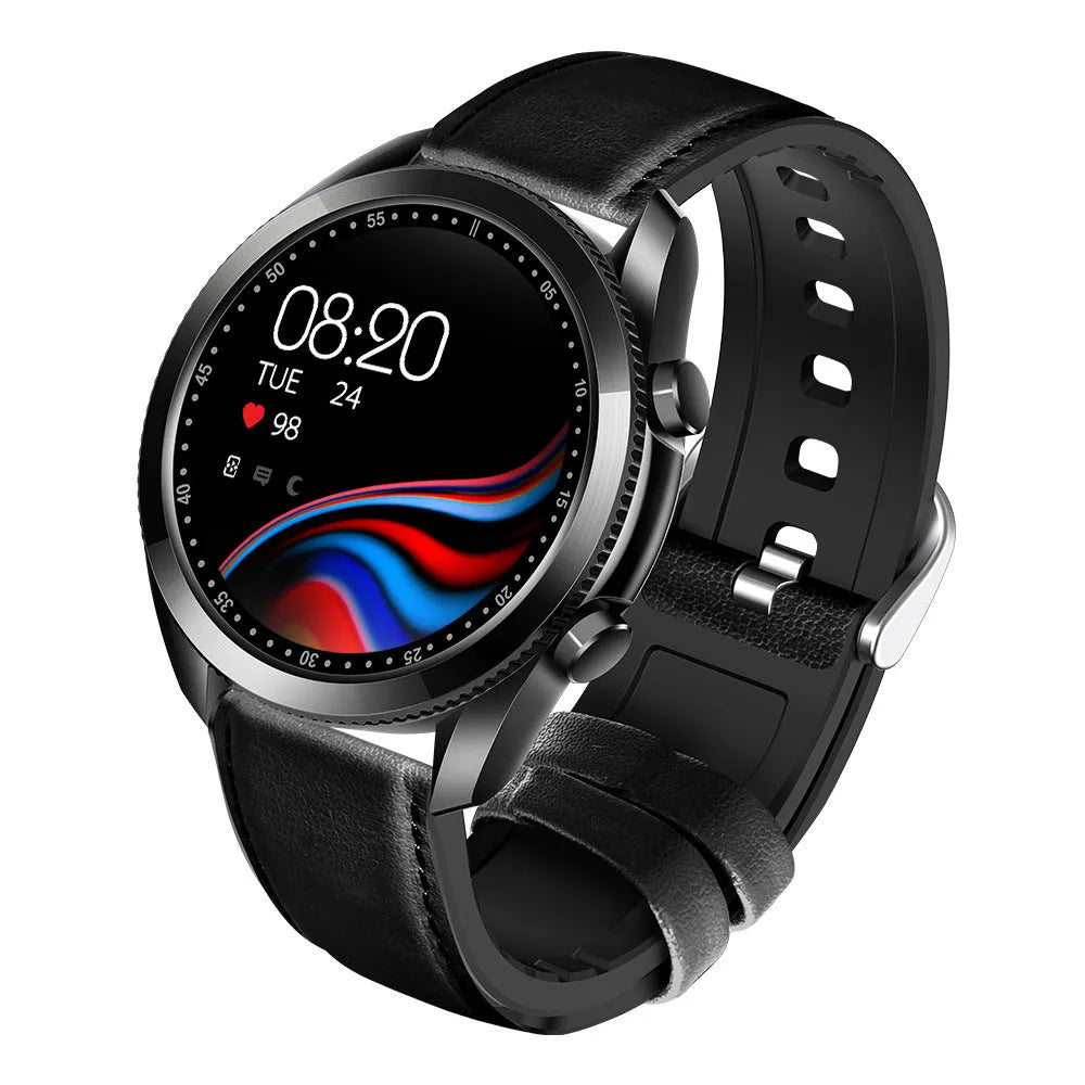 UM90 black smartwatch with large square screen and leather strap displaying heart rate data.