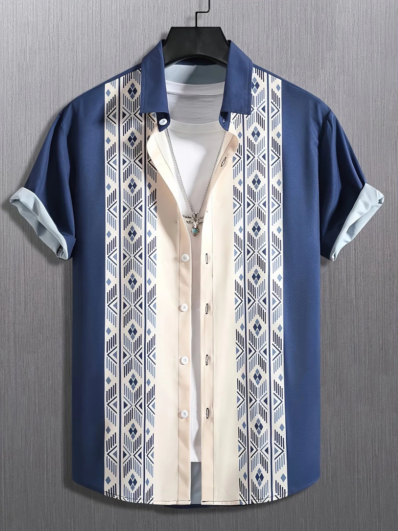 Men's loose fit plaid shirt with lapel cardigan style in contrast colours with short sleeves