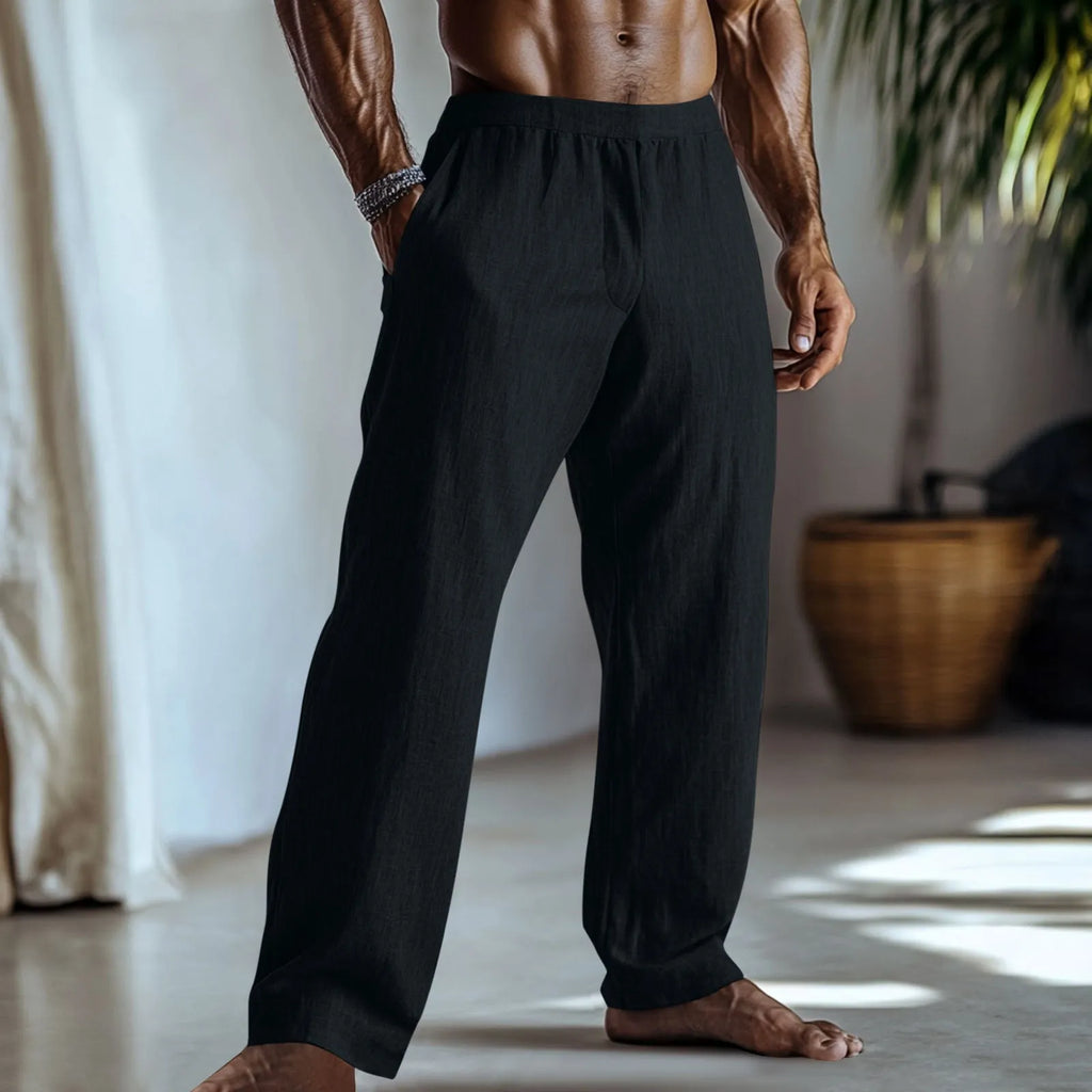 Straight-leg casual trousers in cotton and linen fabric, shown in a light green colour with visible side pockets.