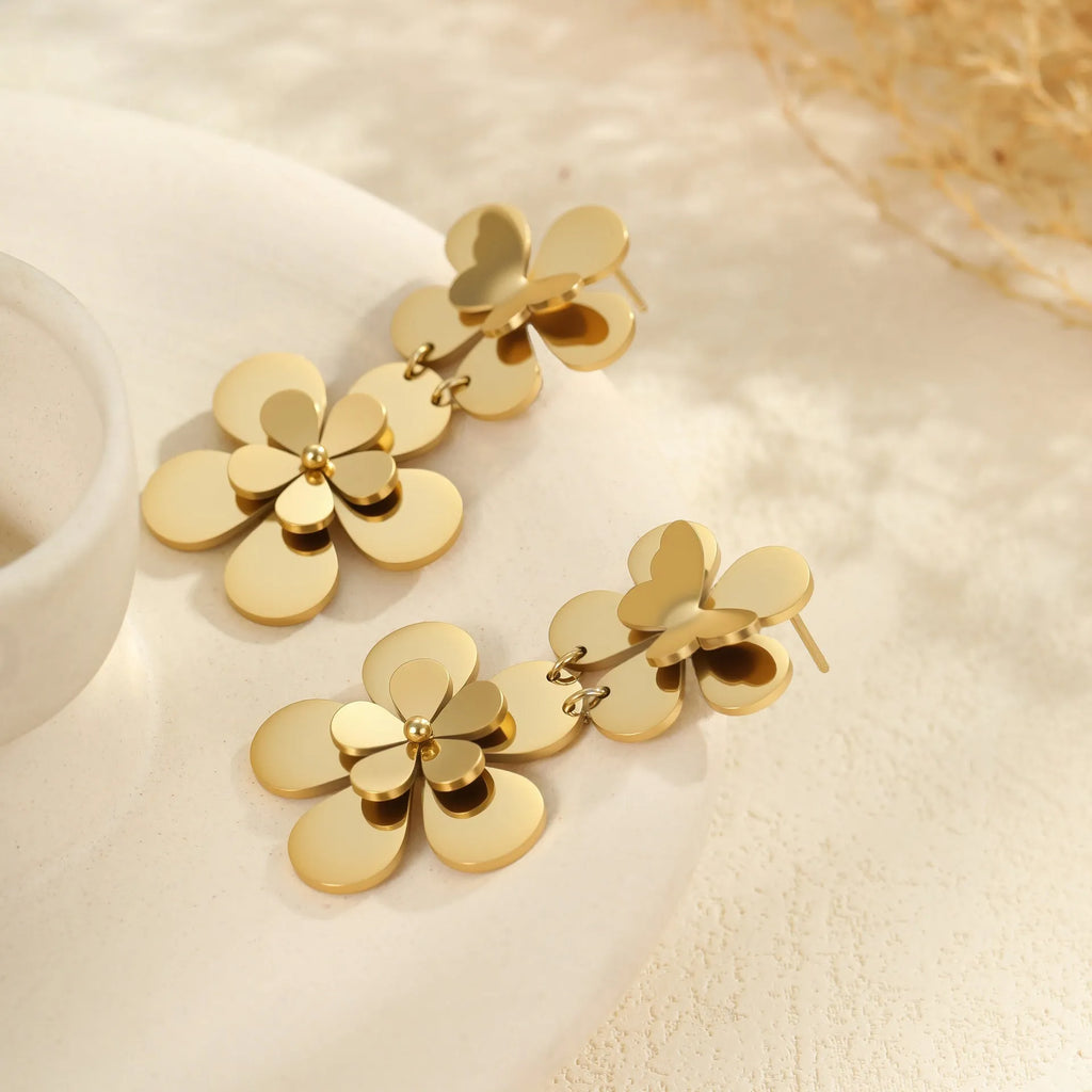 Gold-coloured stainless steel earrings with flower and butterfly design for women