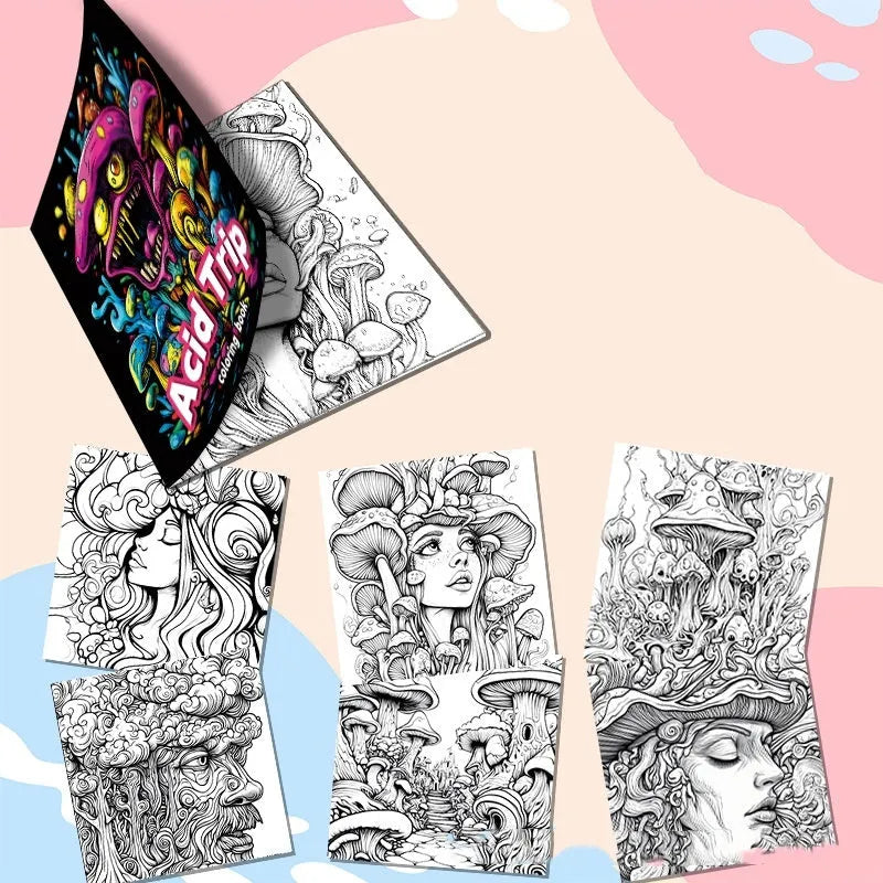 Acid tour coloured creative painting book showing 200mm length and paper pages.