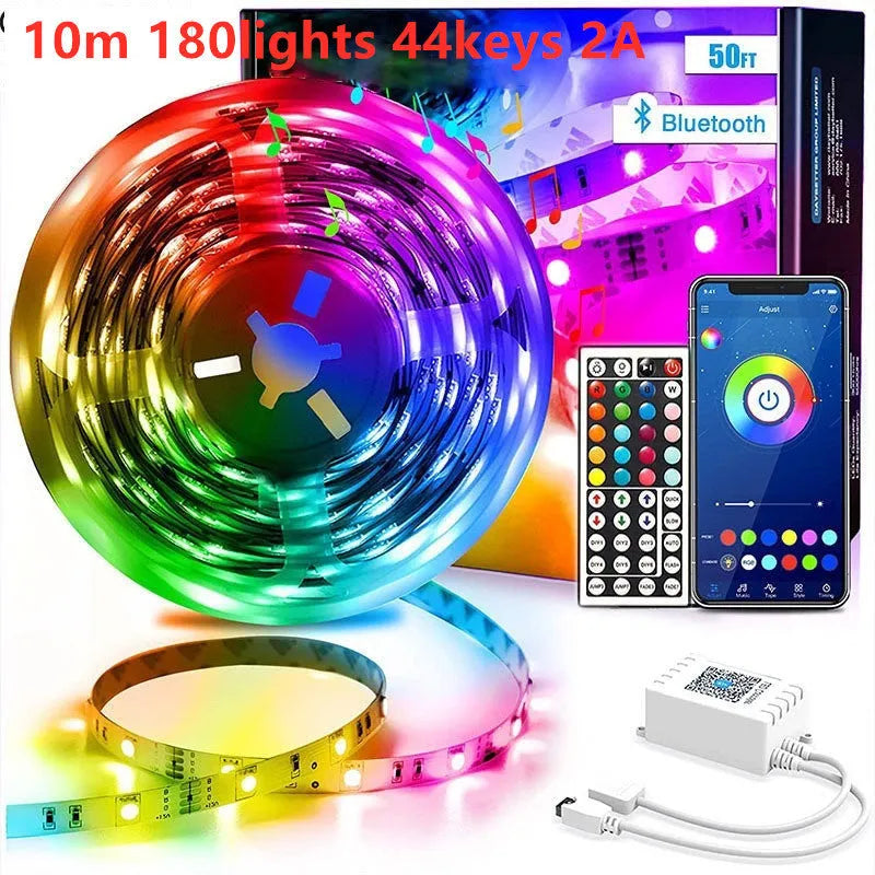 Bluetooth controlled RGB LED light strip kit with remote on a reel, showing waterproof silicone coating option.