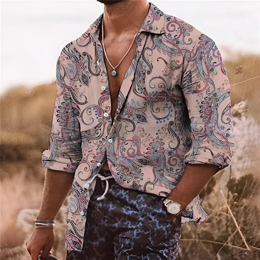 Men's Bohemian style shirt with 3D floral pattern printing, long sleeves and loose fit
