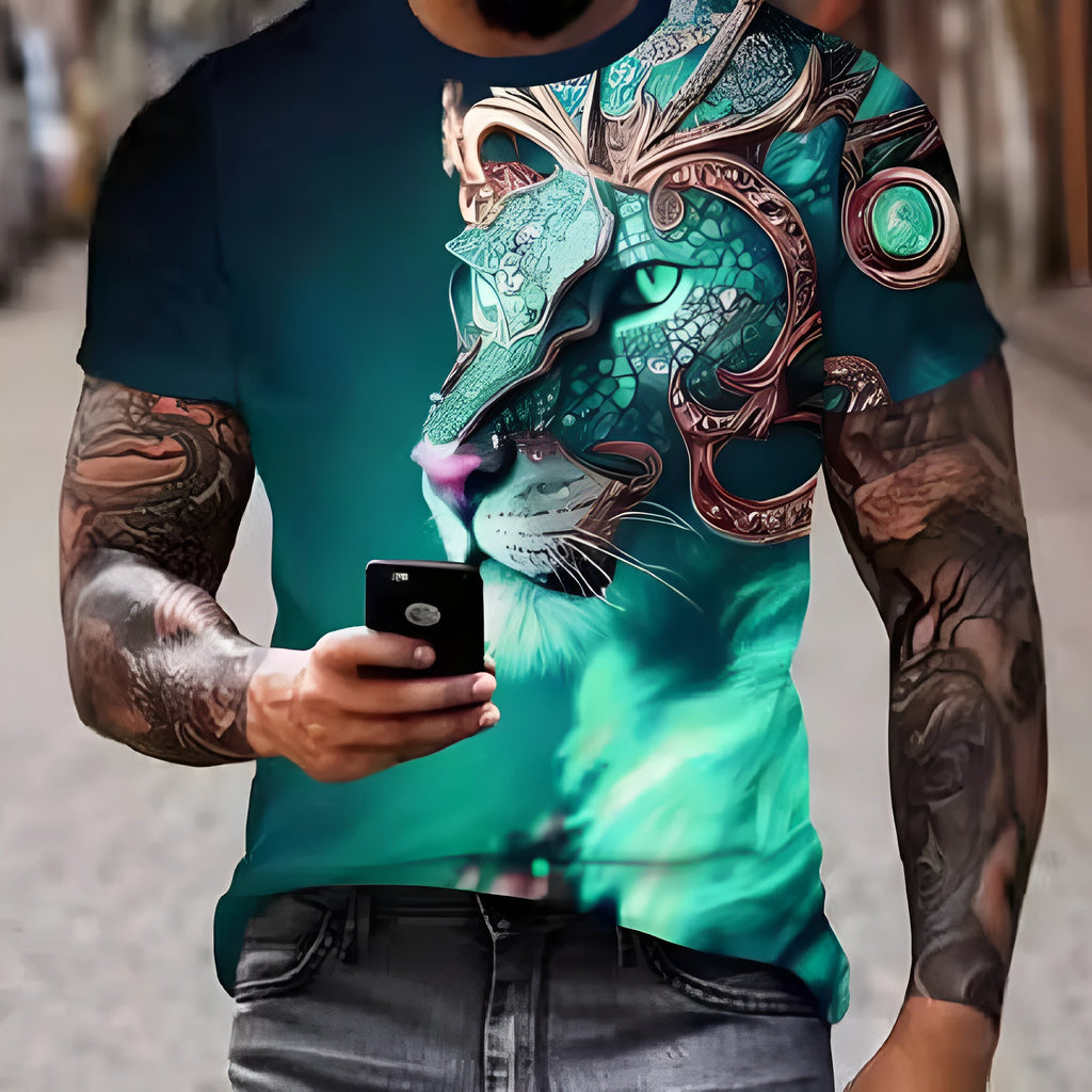 Men's grey t-shirt with dimensional 3D lion graphic print on front