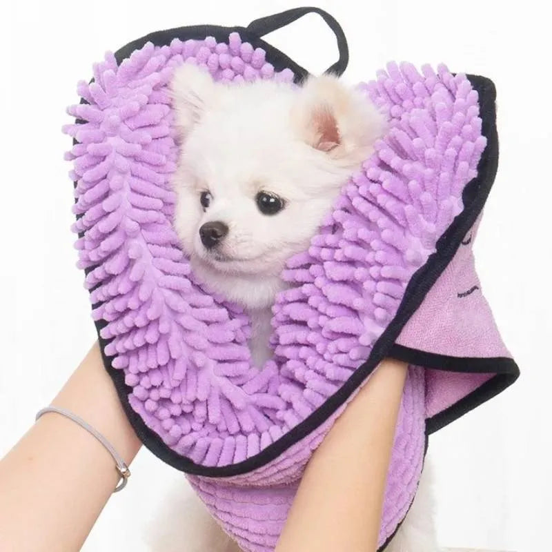 Blue thickened dog bath robe towel laid flat, showing its 62 cm length and absorbent fibre texture.