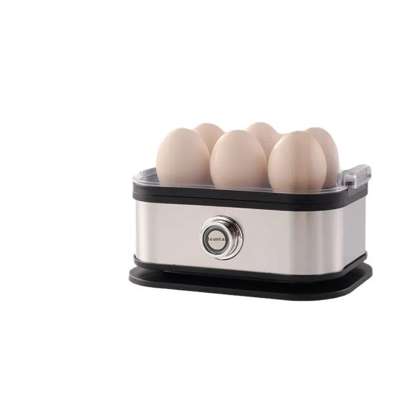 Black stainless steel portable egg boiler with universal voltage and international plug compatibility