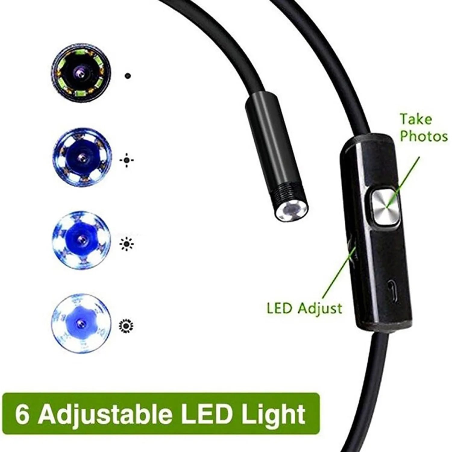 USB C Android endoscope with flexible cable, IP67 waterproof, showing 5.5mm and 7mm camera head options