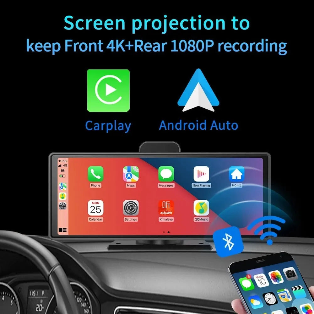 12-inch touch screen car DVR dash cam with front and rear camera recording on display