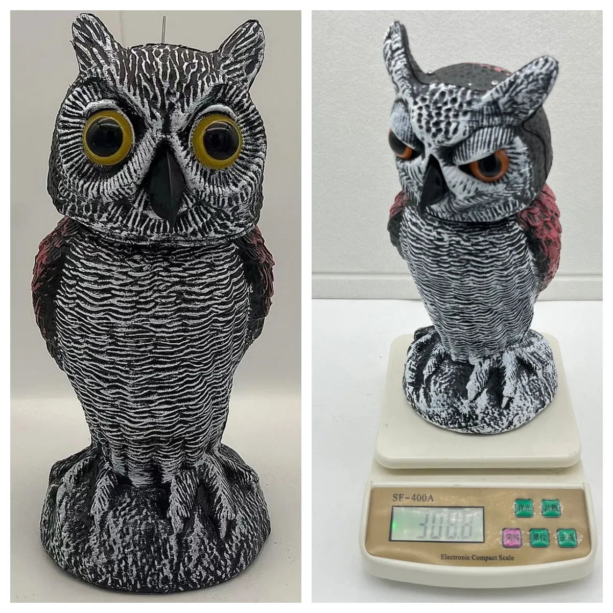Artificial owl bait ornaments set with shaking head designs for outdoor bird scaring