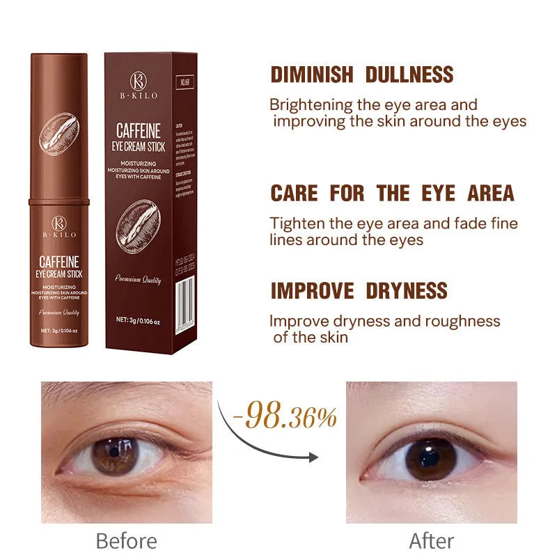 Caffeine eye cream stick in a white tube for hydrating skin and reducing fine lines and dark circles.
