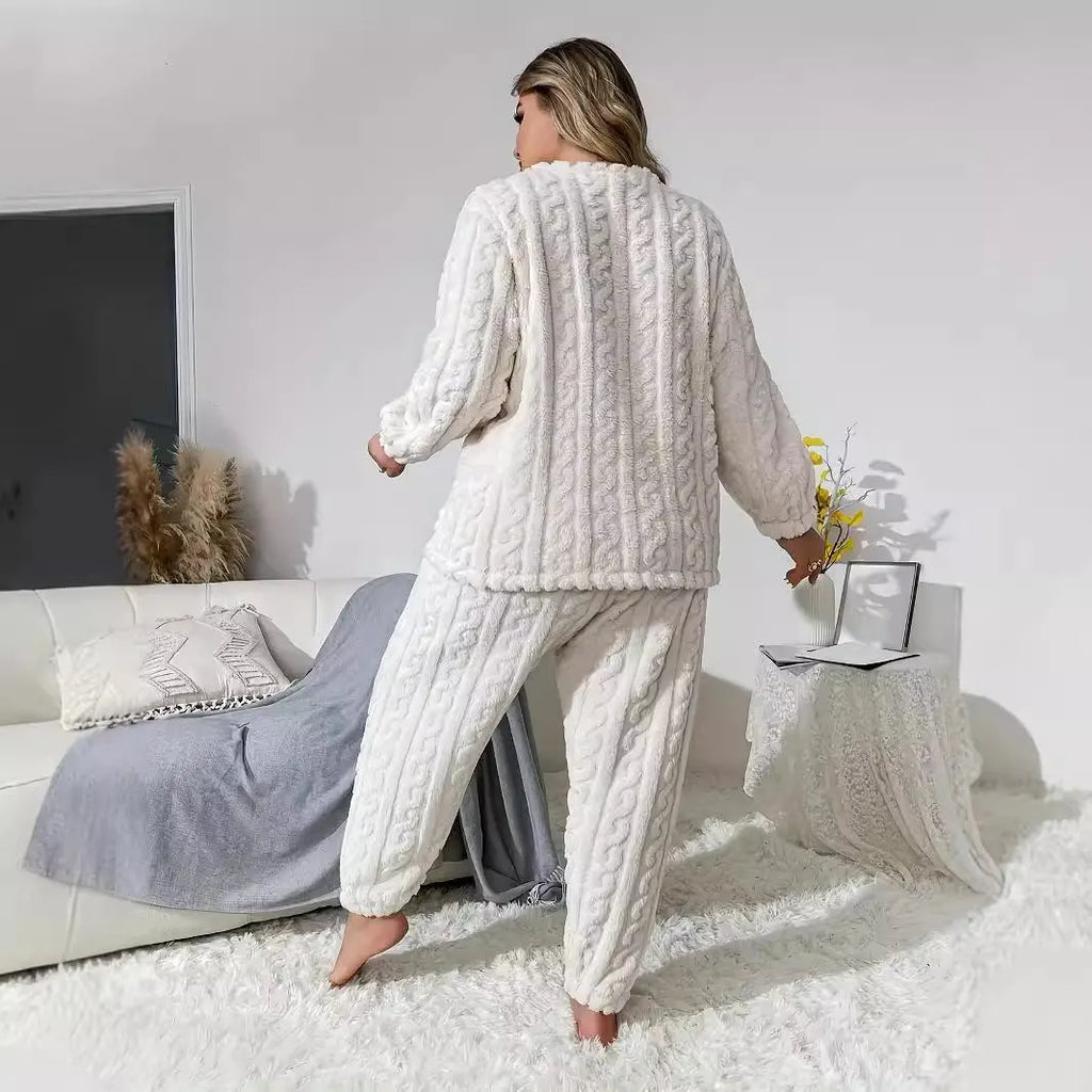 Women's creamy white polyester two-piece set with crew neck top and matching trousers in Japanese Korean casual style