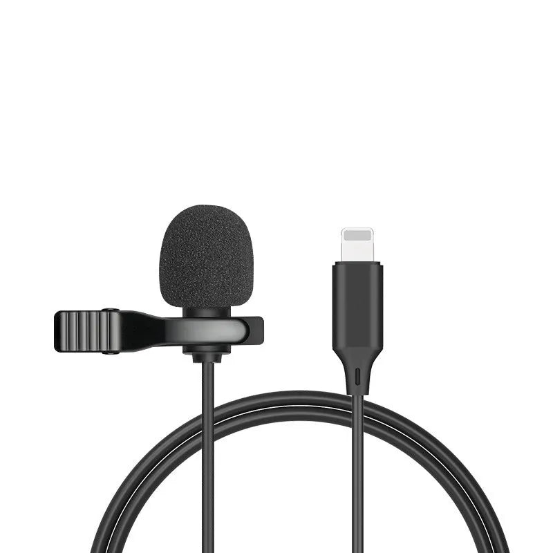 Black wired lavalier clip microphone with 3.5mm plug and 1.5m cable for iPhone recording.