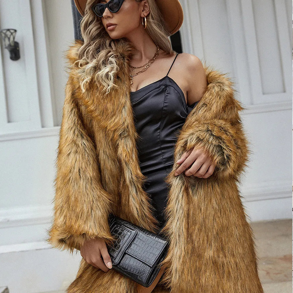 Yellow women's artificial fur coat with regular sleeves and loose casual fit