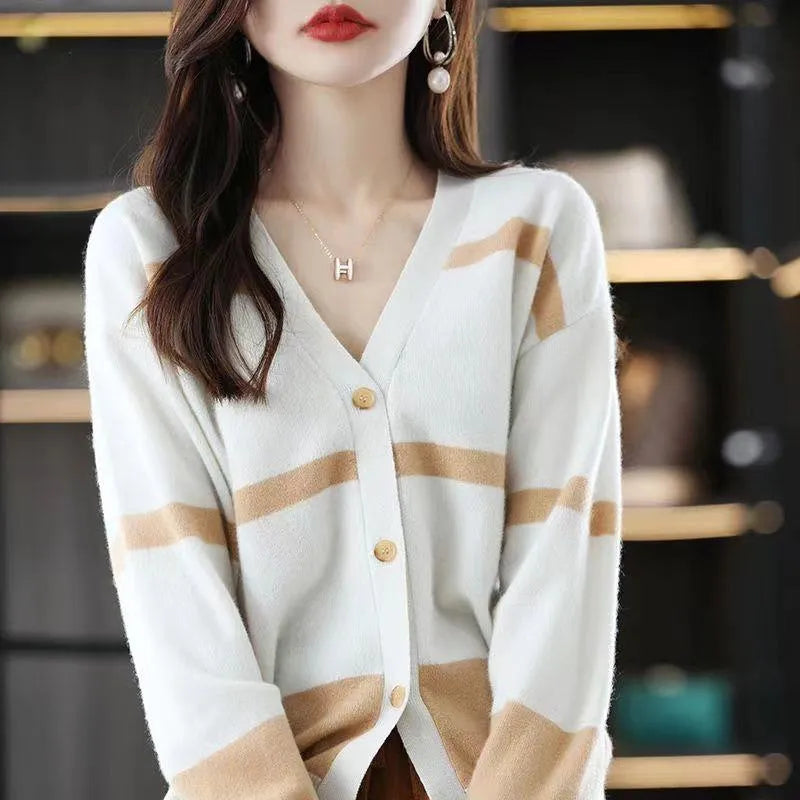 Women's striped knitted cardigan with V-neck, button front, and 3D pattern texture