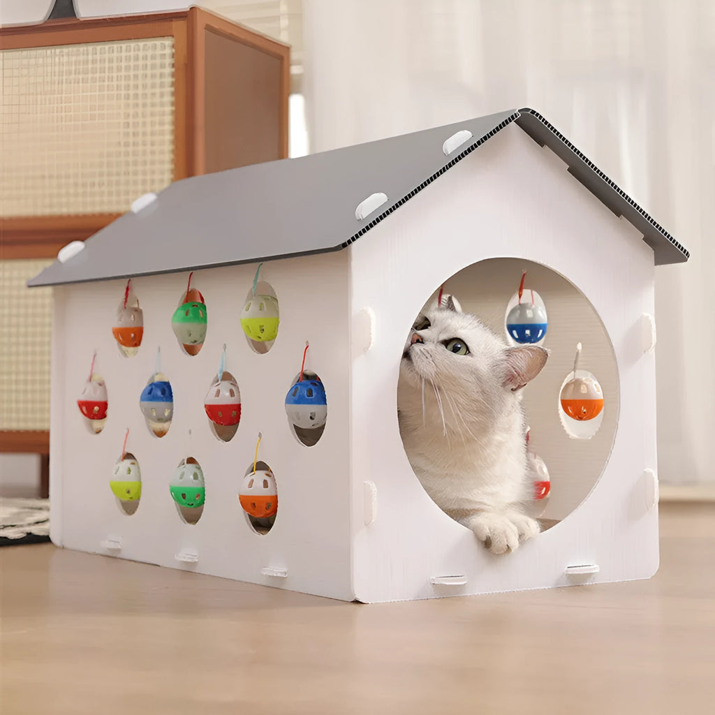 Plastic cat scratch board integrated with a nesting house and tunnel, includes a toy.