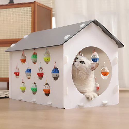 Plastic cat scratch board integrated with a nesting house and tunnel, includes a toy.