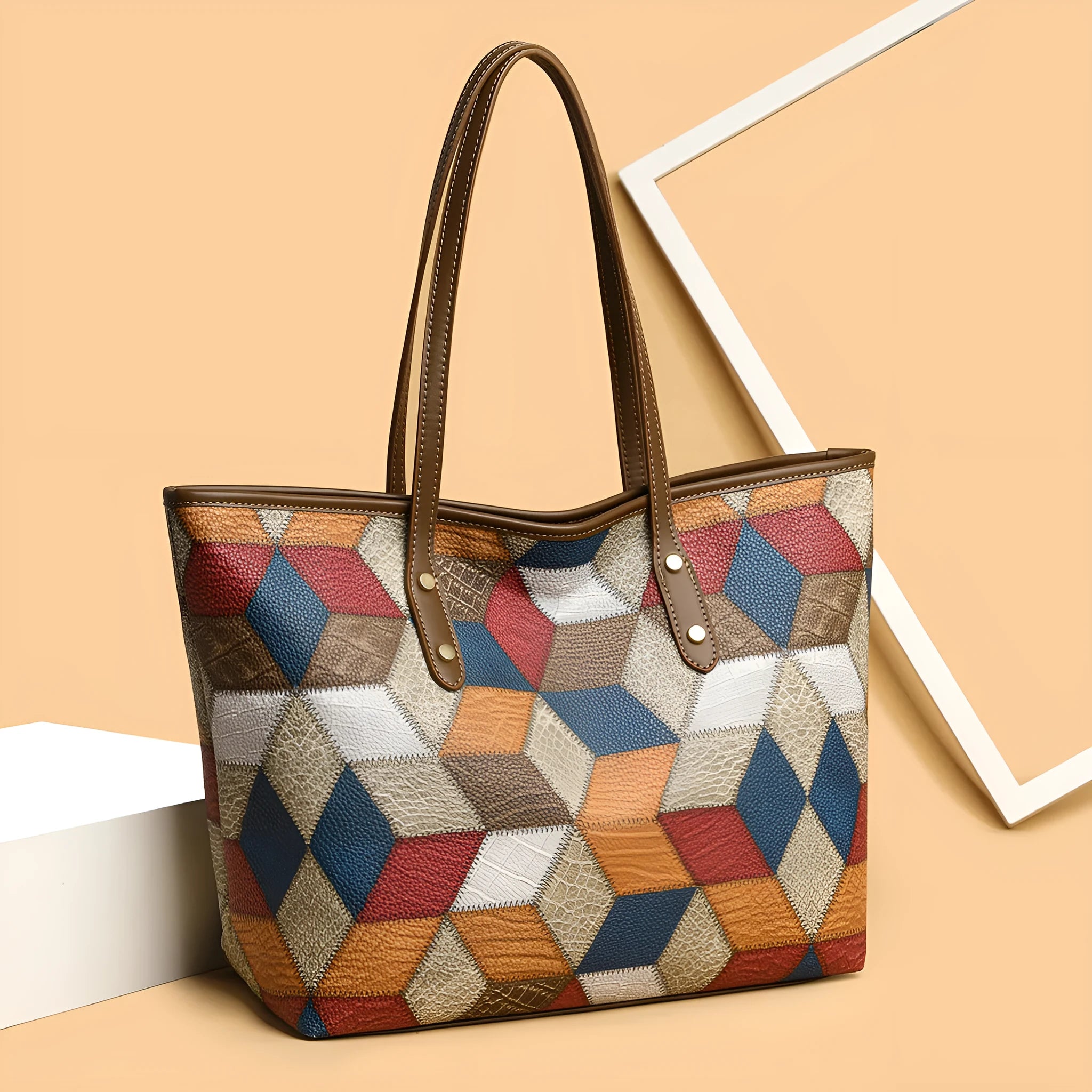 Blue brown women's PVC handbag with sandwich pocket design for business and travel
