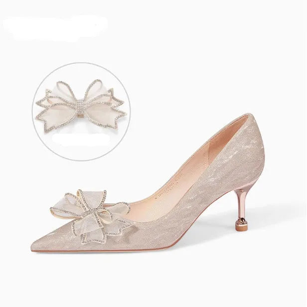 Women's champagne sequin stiletto heel pumps with pointed toe for wedding events