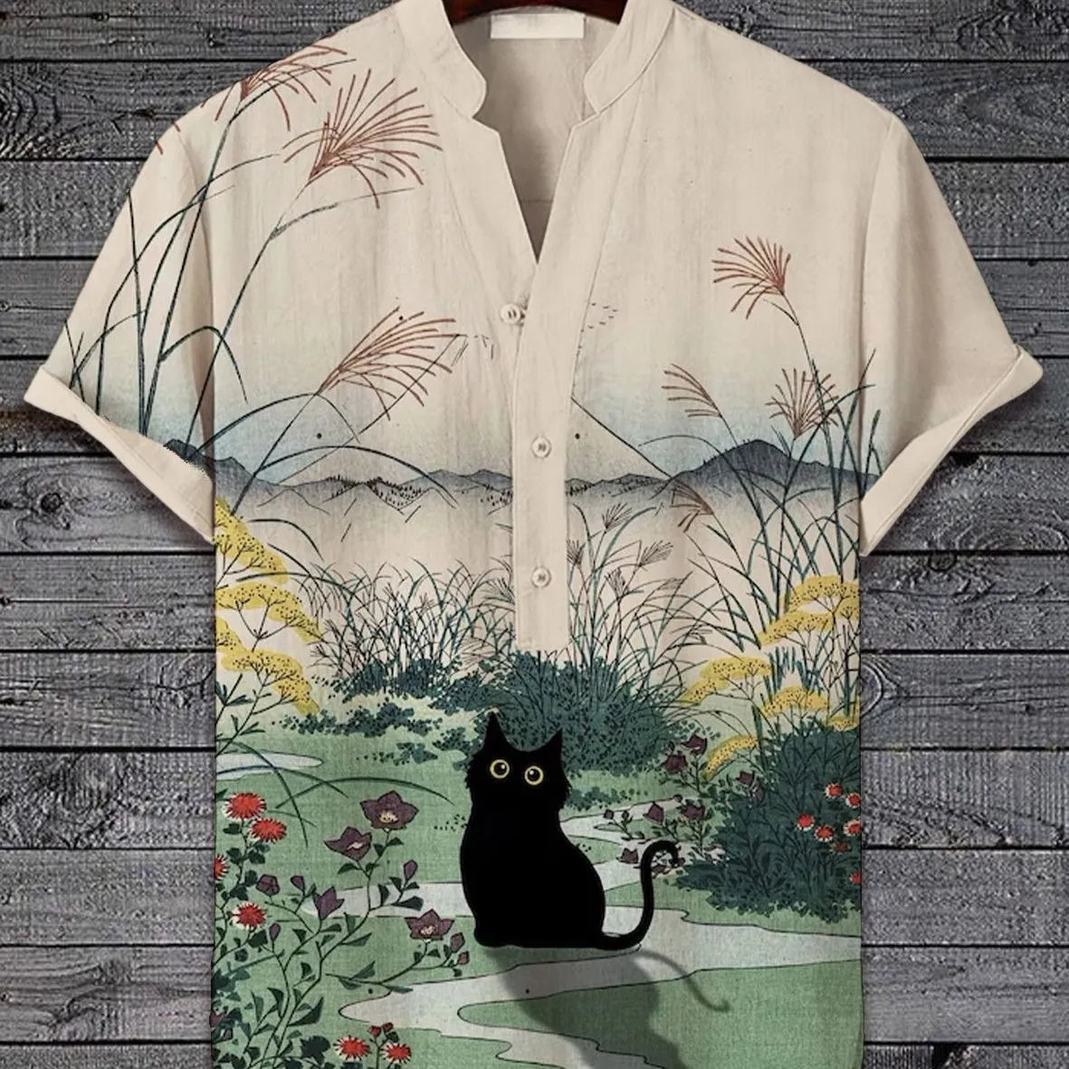 3D digital animal pattern short sleeve shirt on a hanger, showing the print detail.