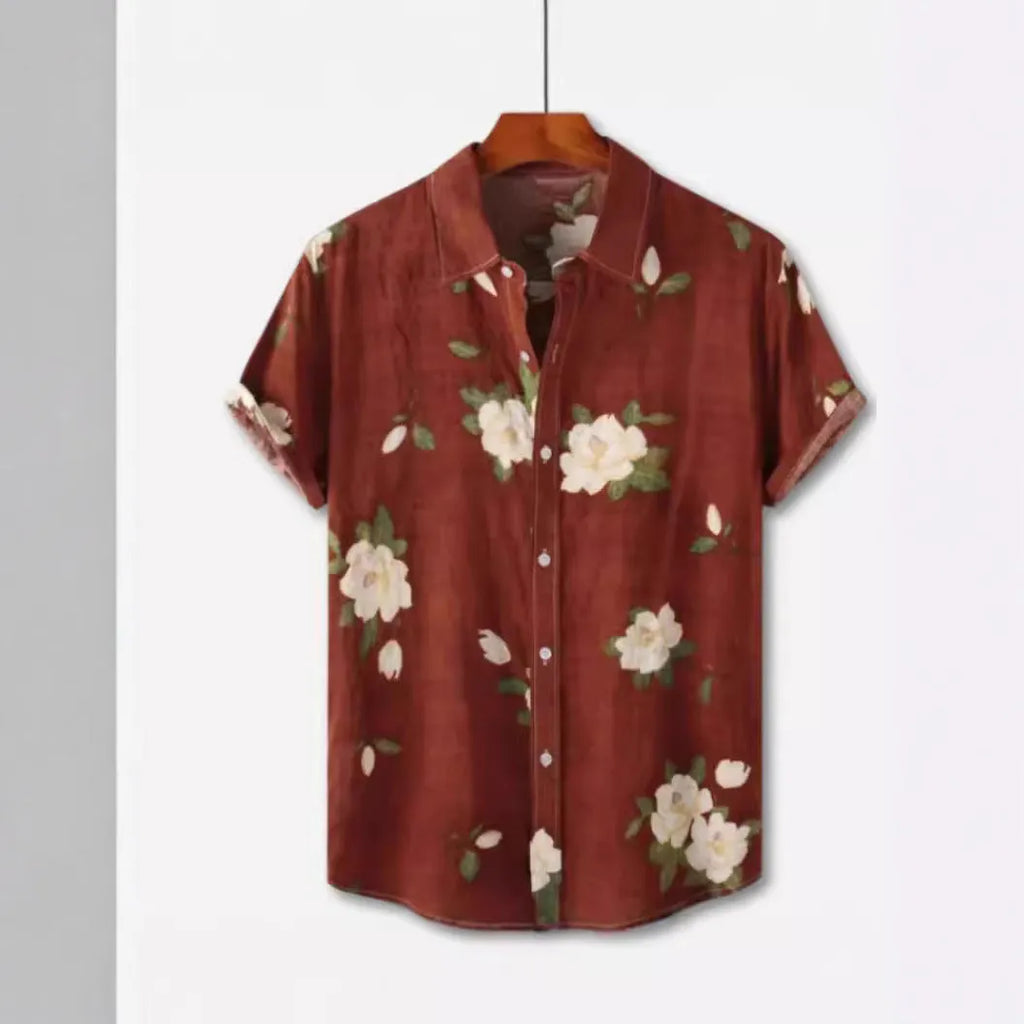 Hawaiian floral print short sleeve shirt with four-sided elastic polyester fabric