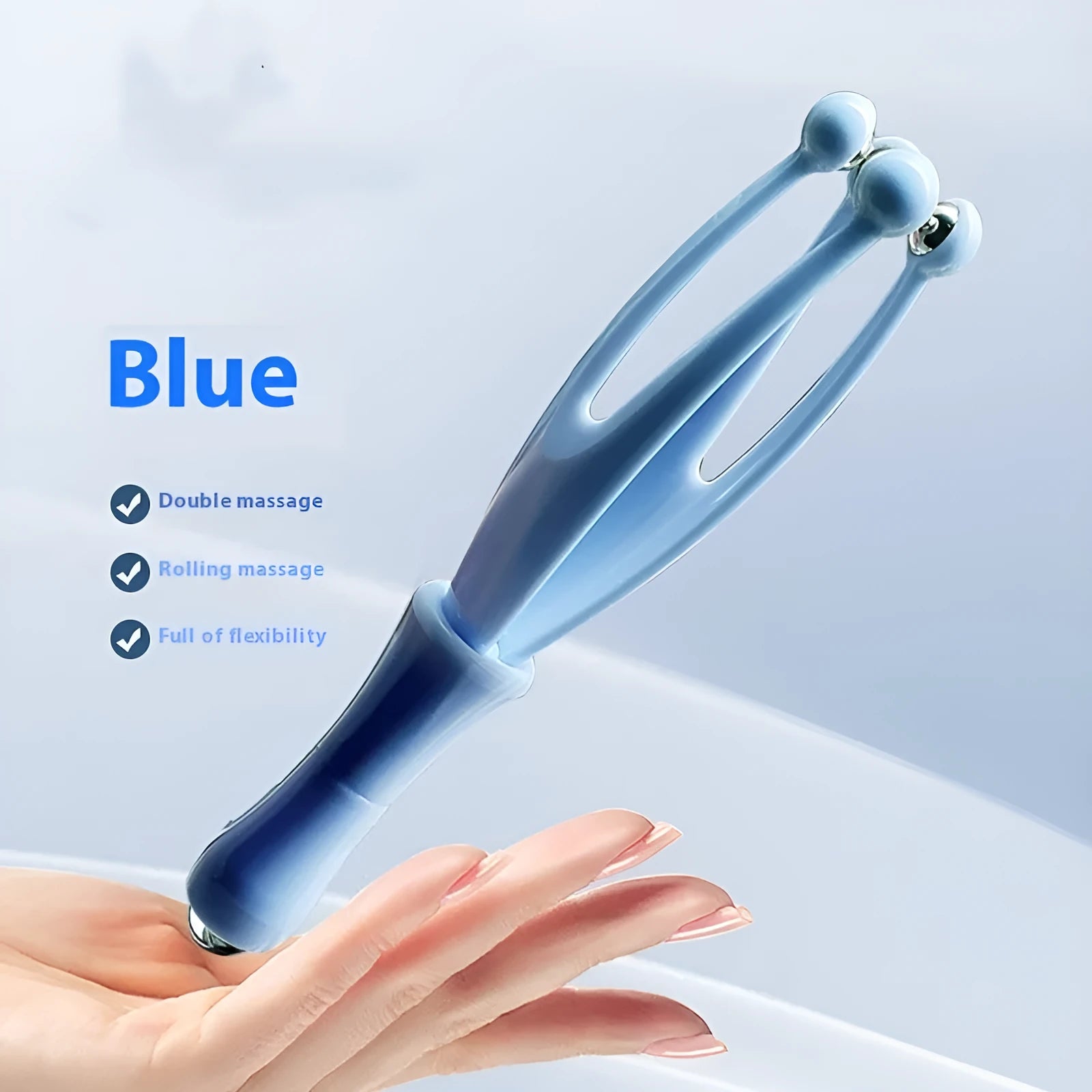 Blue and white finger massager with steel ball rollers for hand and joint tension relief