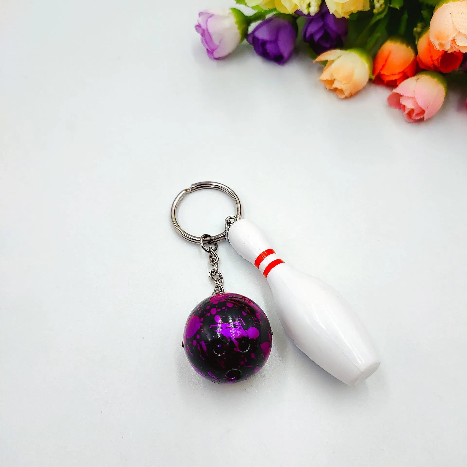Mini simulation bowling ball keychain pendant in dark red, blue, purple, or green colours