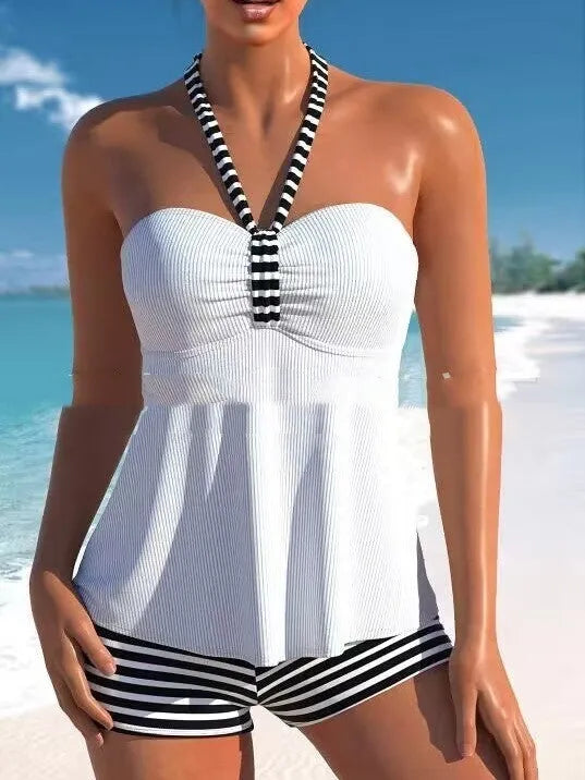 Women's black and white striped off-shoulder swimsuit with briefs style cut and polyester lining