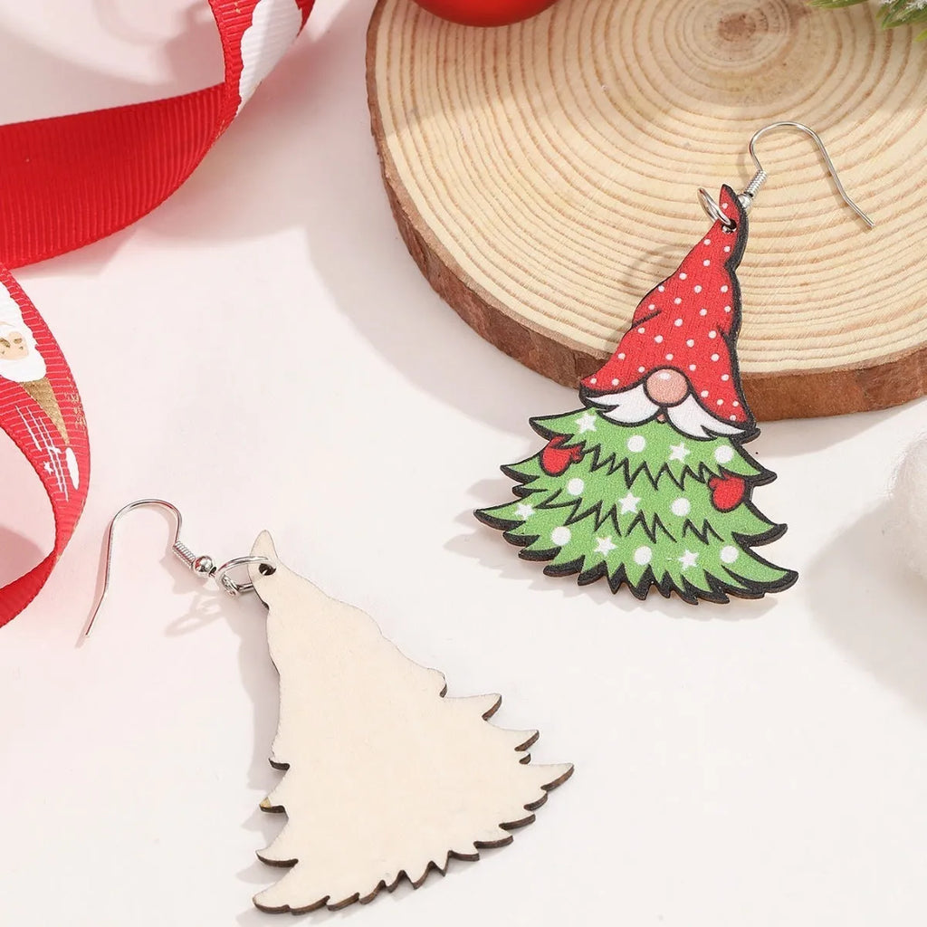 Women's wooden Christmas earrings with geometric shapes and printed Santa Claus designs