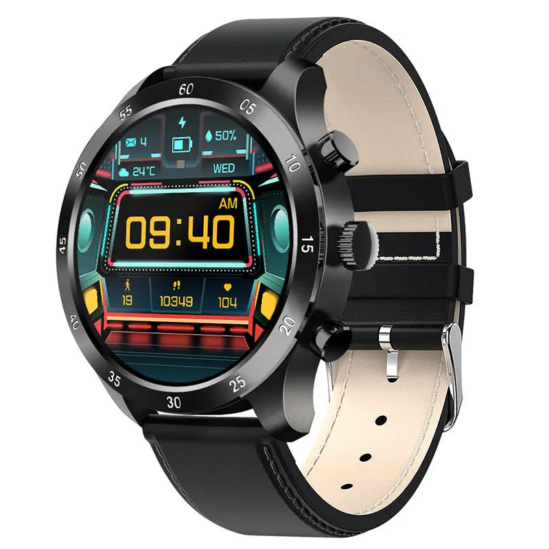 Black steel smart watch on wrist showing Bluetooth calling interface and health metrics.