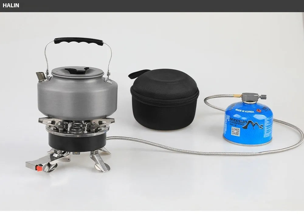 Silver foldable stainless steel split camping stove with copper fittings and a long hose.