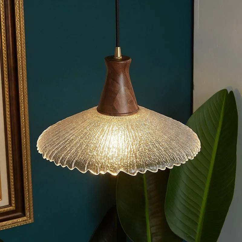 Wood and brass electroplated chandelier with glass shade in three sizes for commercial lighting