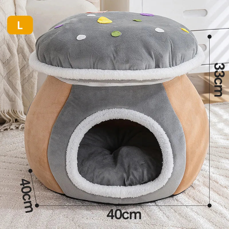 Mushroom-shaped cat nest with detachable thermal blanket in rabbit plush material