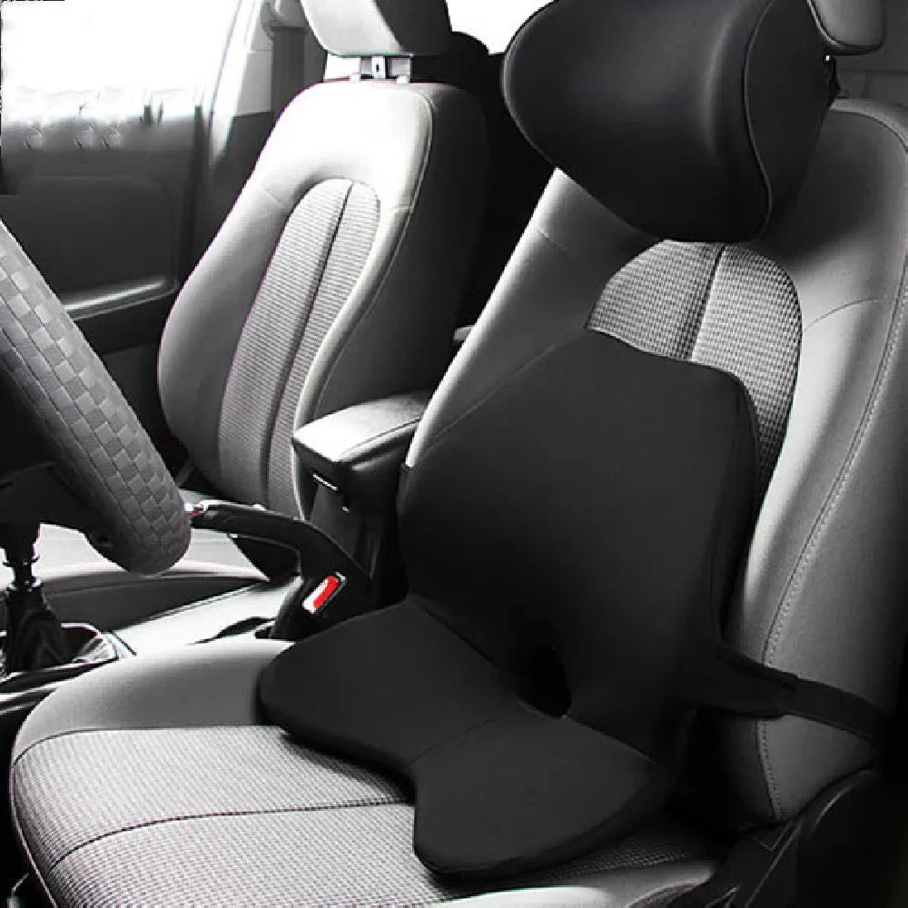 Memory foam car waist cushion for lumbar support, shown in beige colour, placed on a car seat.