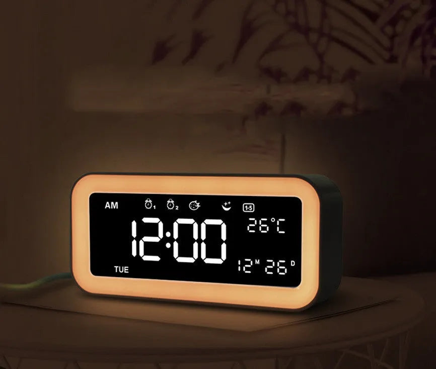 Blue multifunctional LED atmosphere light alarm clock with digital display and rectangular design