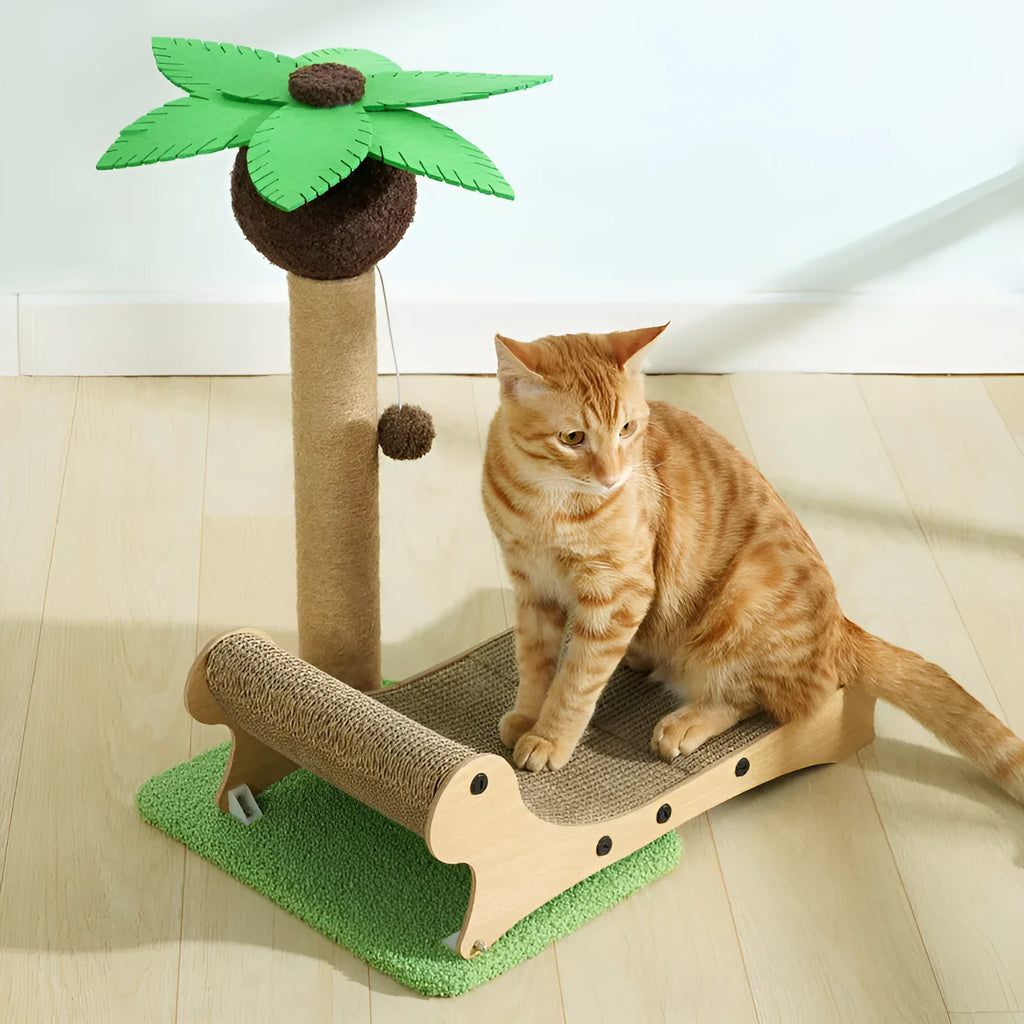 Wooden beach chair-style cat climbing frame with scratching posts and a woven hemp mat base.