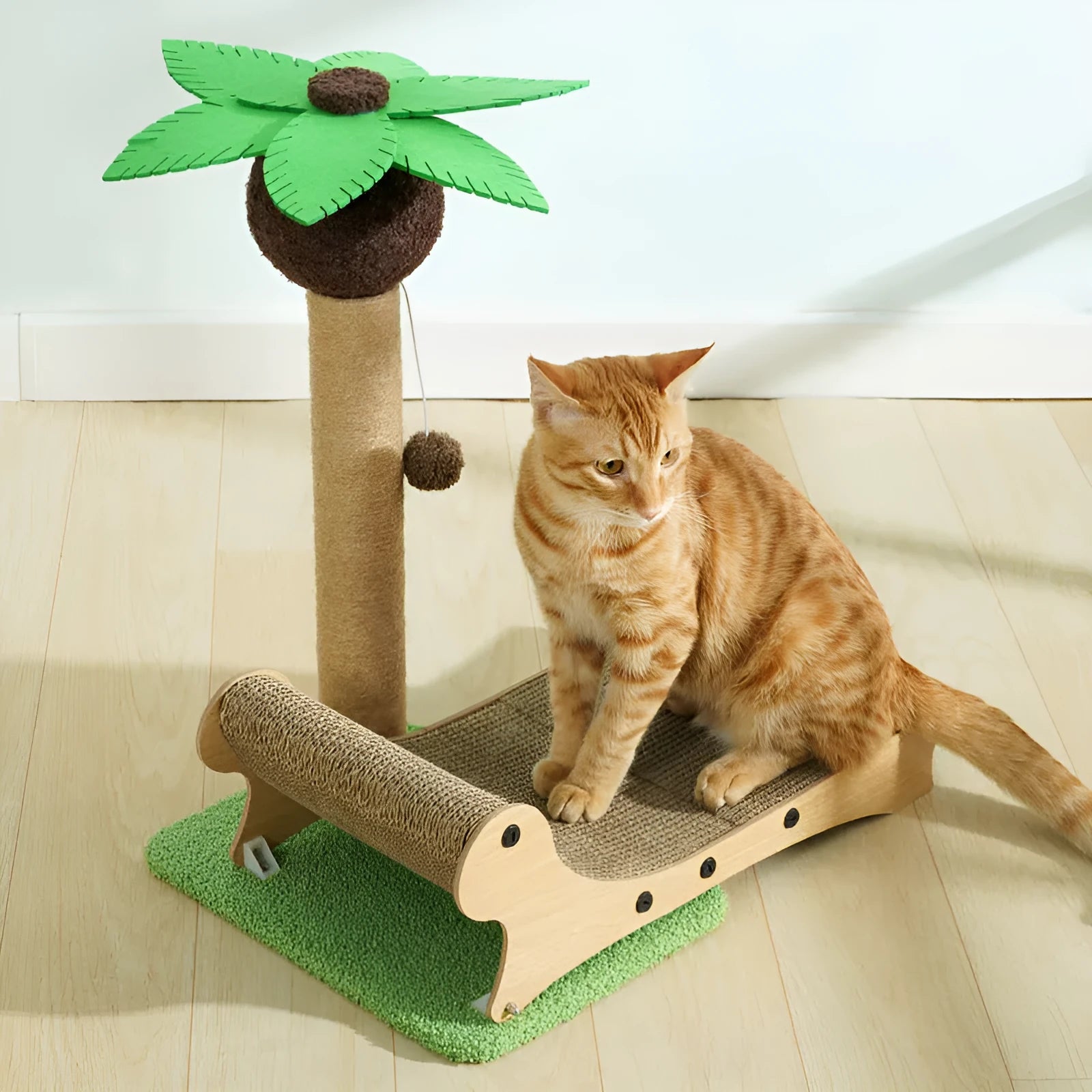 Wooden beach chair-style cat climbing frame with scratching posts and a woven hemp mat base.