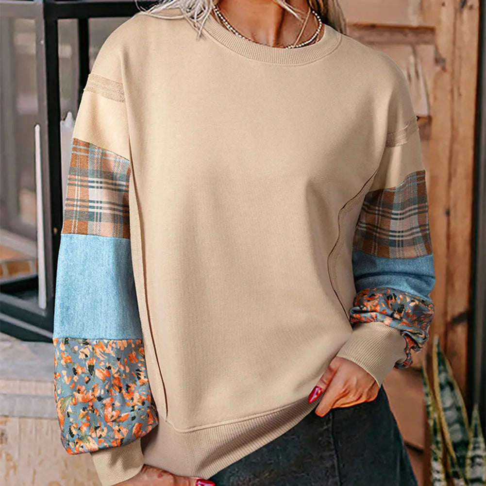 Women's plaid stitching long-sleeved loose top in apricot and red colours