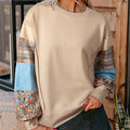 Women's plaid stitching long-sleeved loose top in apricot and red colours