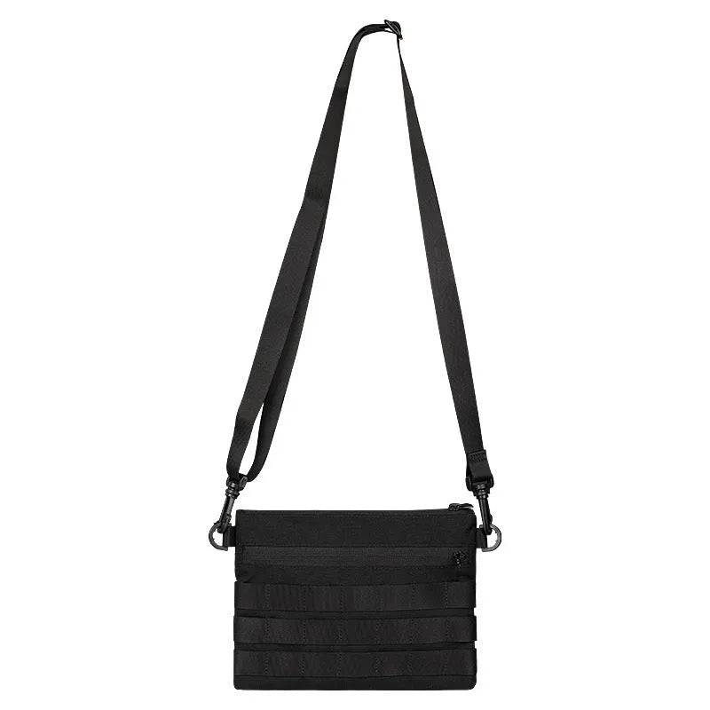 Black Oxford cloth outdoor waist bag showing compact 18 by 3.5 cm size.