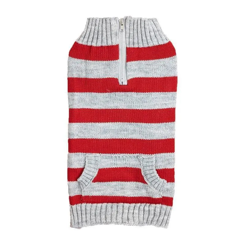 Grey blue green dog sweater with horizontal zipper and chest button pocket for small medium breeds