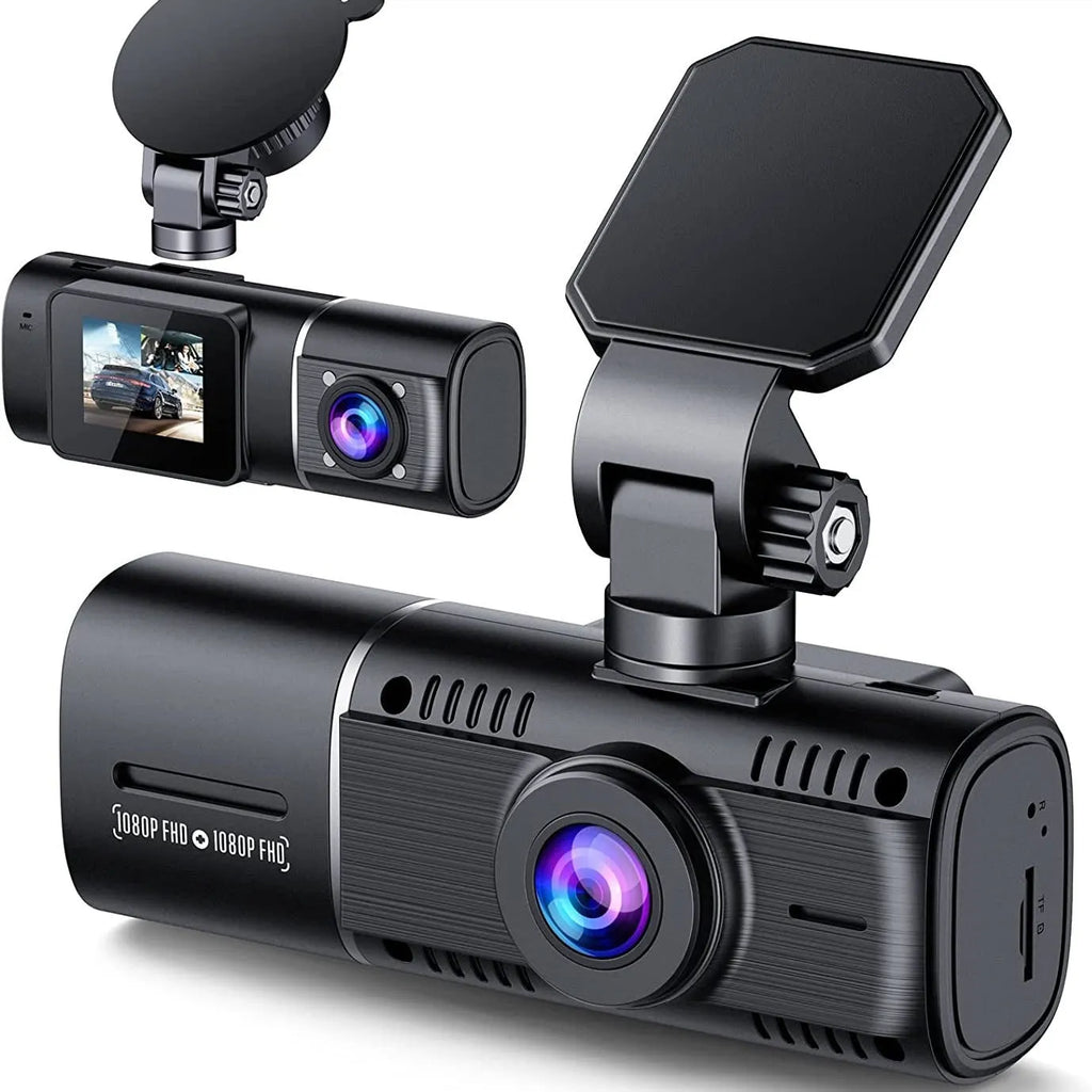 Black dashboard camera for car with 1.5-inch screen, shown with car charger and mounting stand.